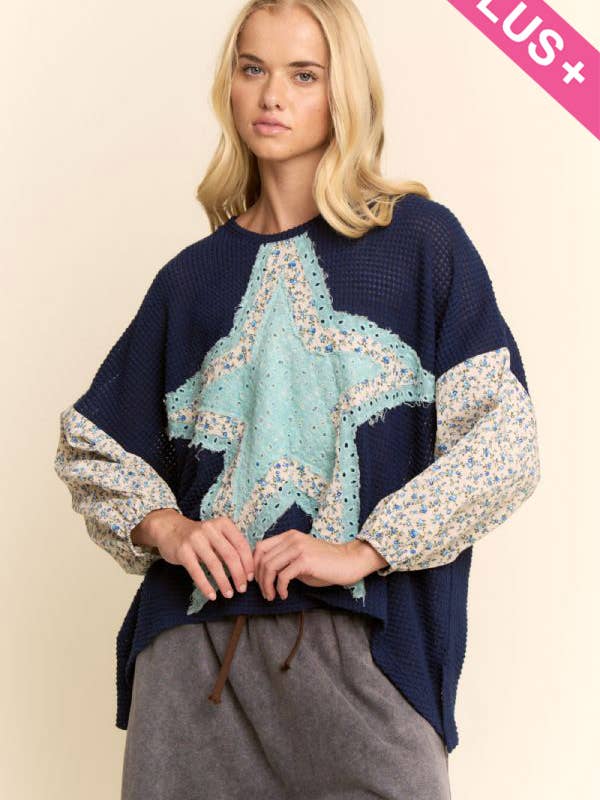 PLUS MULTI STAR PATCHWORK DITSY SLEEVE KNIT TOP for wholesale by Davi & Dani