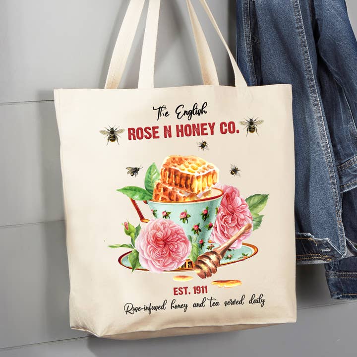 Avery Lane Gifts - Wholesale Tote Bag - Women's - Rose & Honey English Tea Cup Flowers 12 oz Cotton Tote Bag