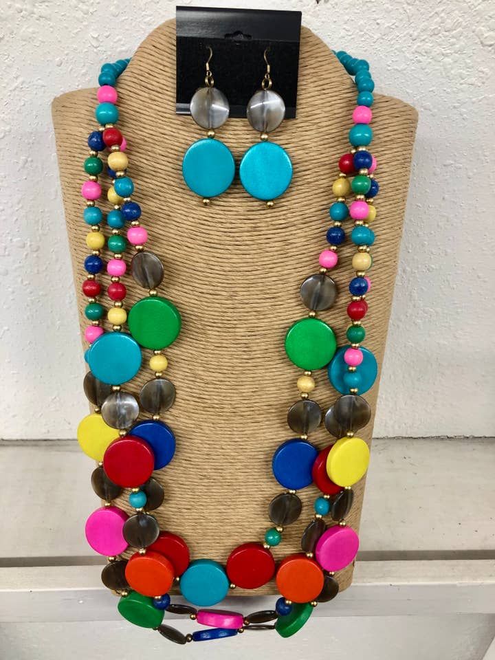 TURQUOISE WOOD BEADS WITH THREE STRANDS MULTI BRIGHT WOOD AN for wholesale by International Duru's