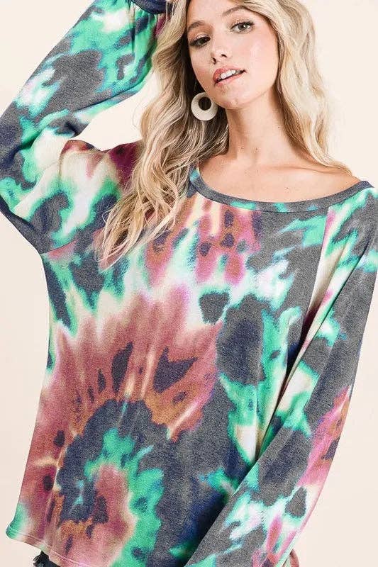 MOCHA/CARBÓN Top de felpa con estampado tie-dye BiBi y mangas abullonadas de venta al por mayor en Faire0