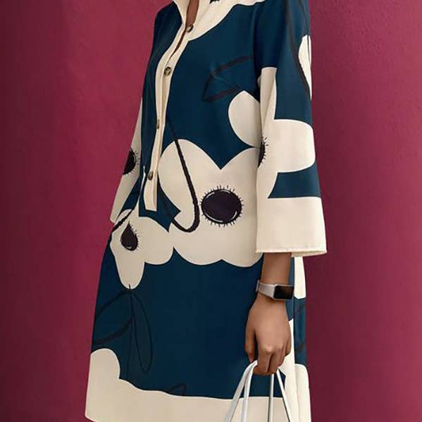 A-Line Loose Buttoned Flower Print Stand Collar Mini Dresses for wholesale by FurDecoration