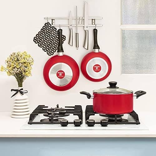 Moss & Stone - Wholesale Cookware Set - 3 Piece Pots & Pans Set Nonstick Cookware Set, Aluminum Pots and Pans, Red Pots and Pans Set with Glass Lid, Dishwasher Safe, Cooking Set4