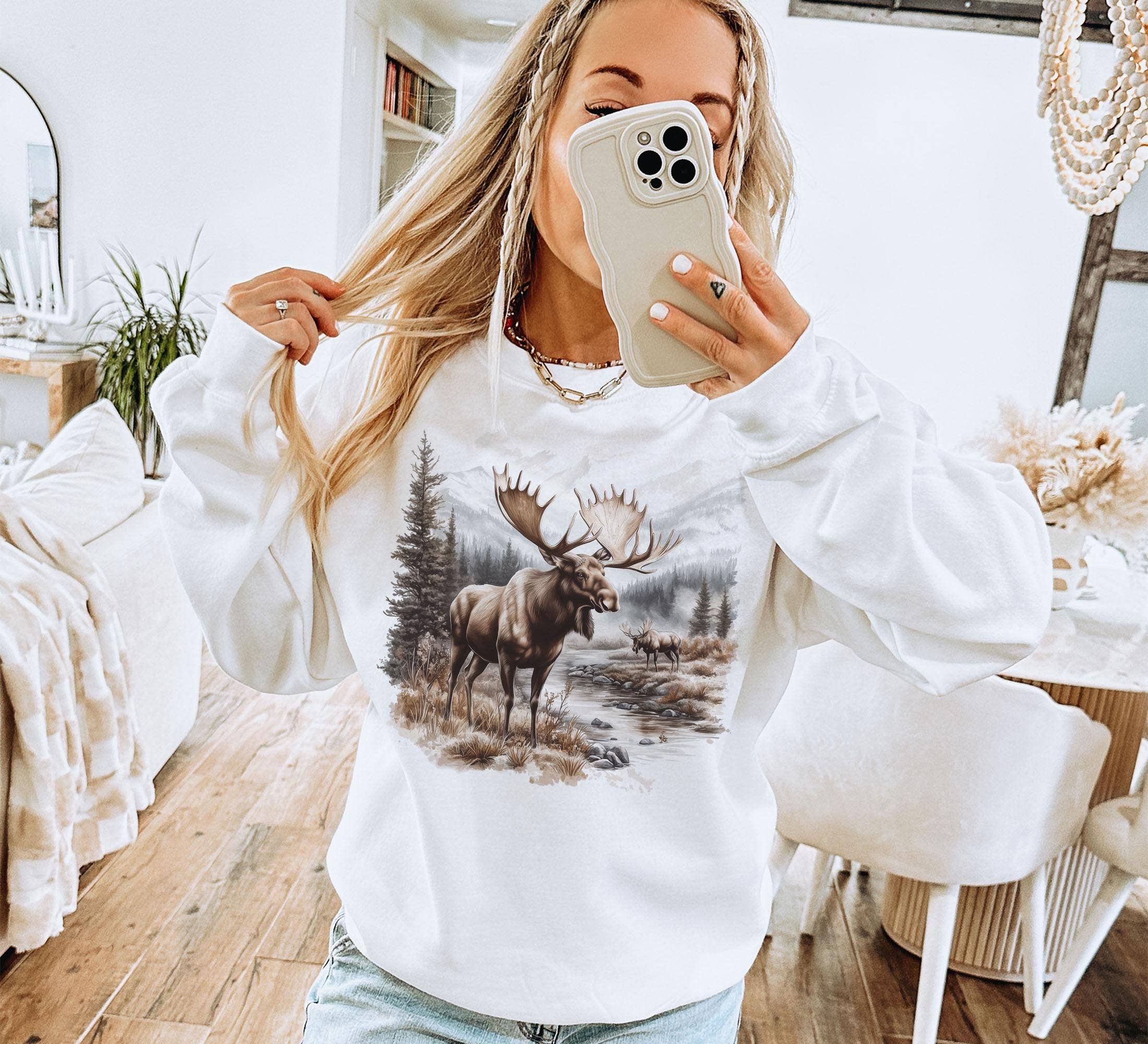 NVC Ecommerce LLC - Wholesale T-Shirt (Graphic) - Women's - Retro Bull Moose Wilderness Scene Tee, Winter Sweater1