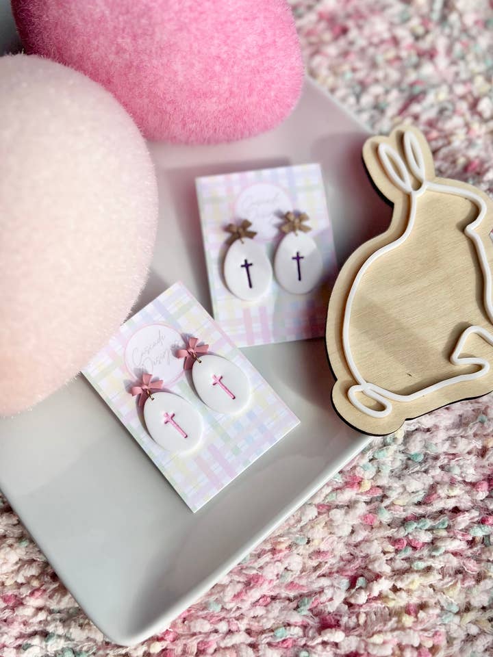 The Sunday Egg | Easter Egg Cross Clay Earrings for wholesale by Cascade Designs