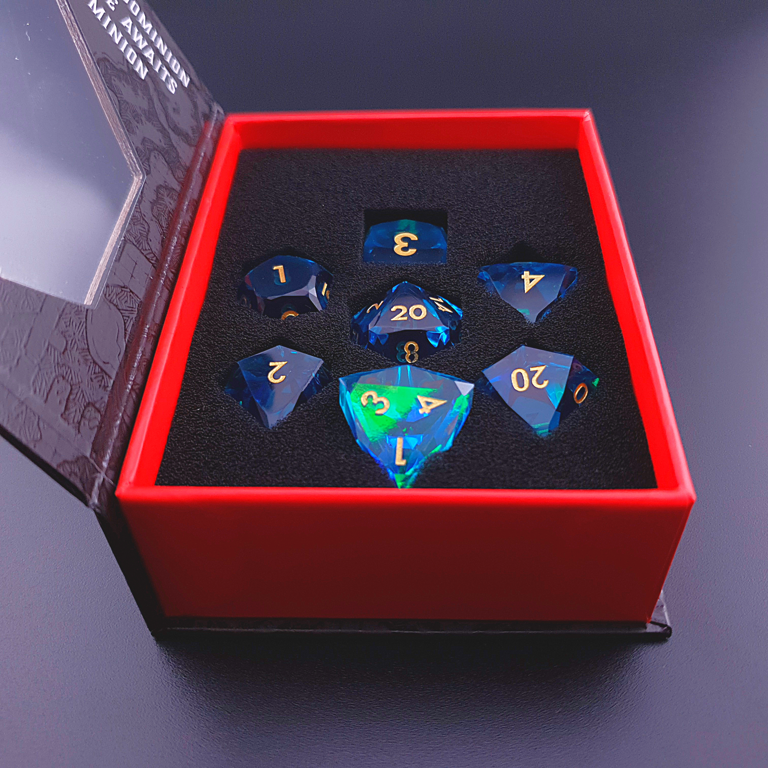 Tabletop Dominion Limited – wholesale Dice – Aether Prism | Diamond Cut Sharp Edge Resin | 7 Piece Dice Set7