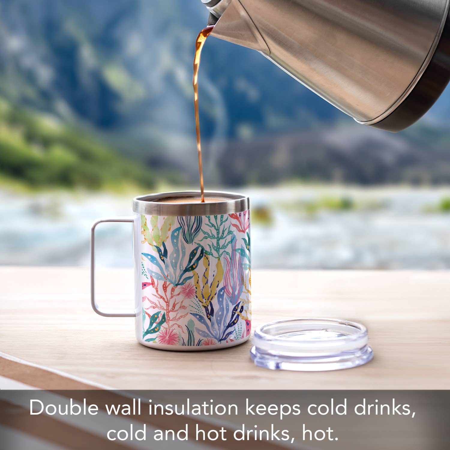 CounterArt/Highland Home/Thirstystone – wholesale Kaffe-/Tékopp – "Coastal Coral" Rostfritt Stålmugg med Lock 12 oz.2