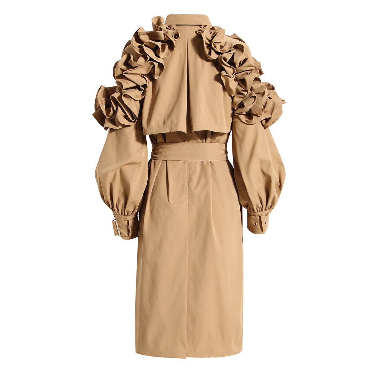 Khaki CT020 Women's Shoulder Ruffle Commuter Knee Length Coat for wholesale on Faire1