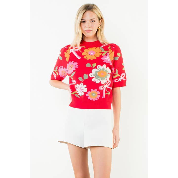 Short Sleeve Floral Detail Knit Top for wholesale by THML