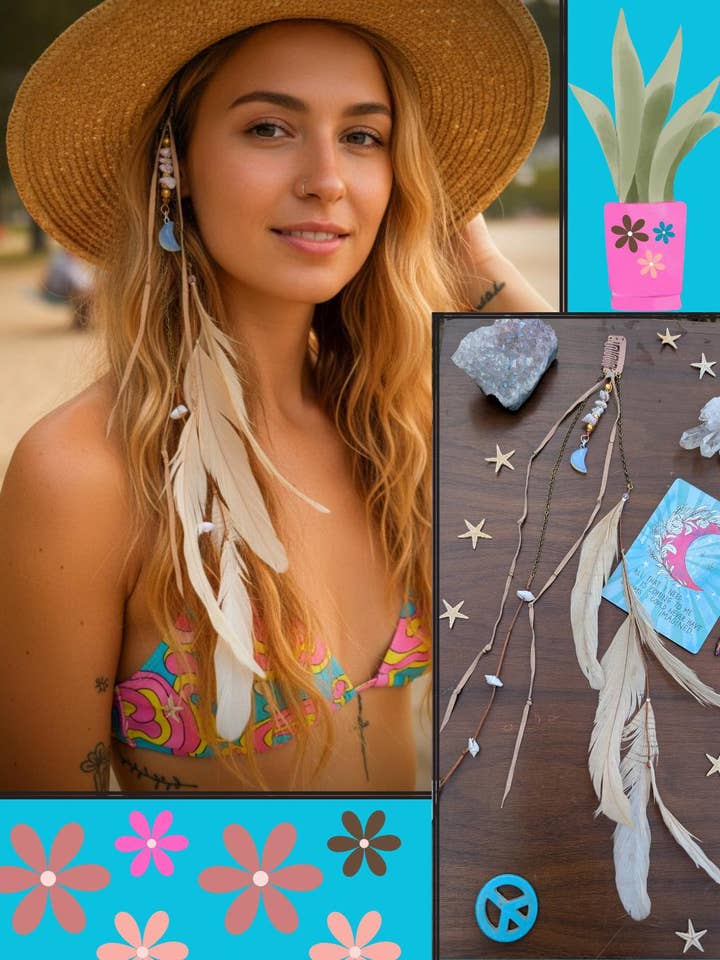 Opalite Moon Hair Clip with Feathers and Seashells for wholesale by Sea Gypsy Designs