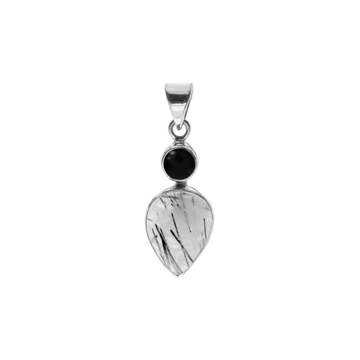 Pendentif Samira deux pierres quartz tourmaliné et onyx noir pour la vente par Kali Ma Designs - Sterling Silver Jewellery