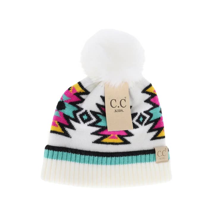 C.C Beanie - Wholesale Beanie - Kids - Kids' Southwestern C.C Beanie with Faux Fur Pom