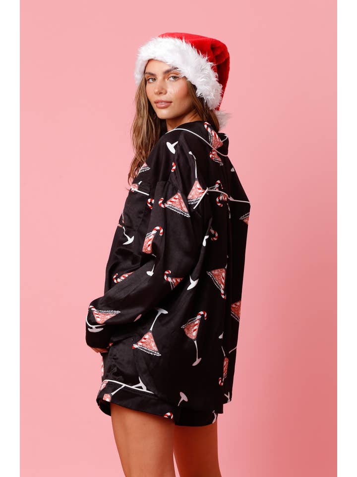 Peach Love California - Wholesale Shirt - Women's - Christmas Martini Pattern Satin Pj Top