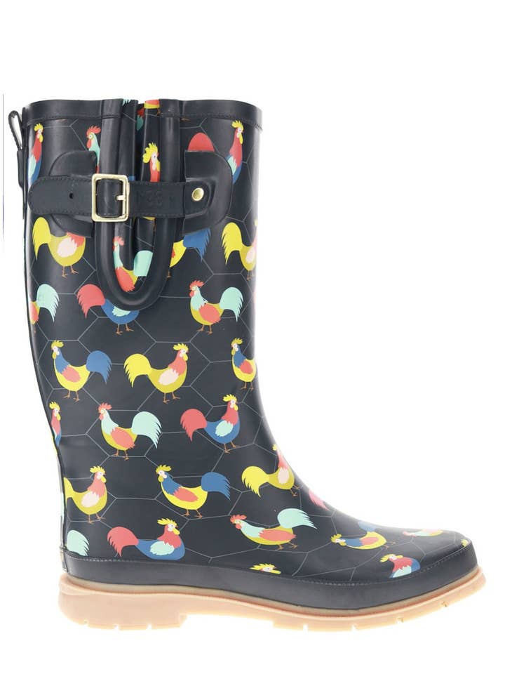Navy Women's Chicken Plaid Tall Rain Boot - Charcoal for wholesale on Faire