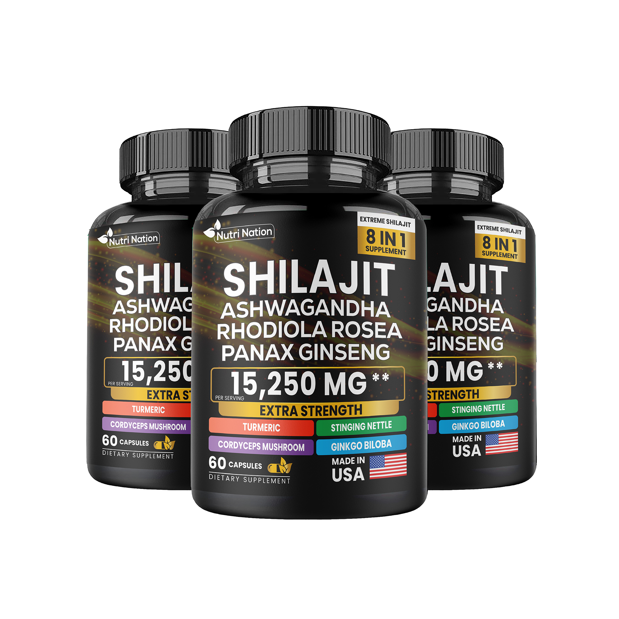 Nutri Nation - Vendita all'ingrosso Vitamine/integratori orali - Shilajit Ashwagandha Rhodiola Rosea Panax Ginseng 15.220 mg 8 in 1 (60 capsule)2
