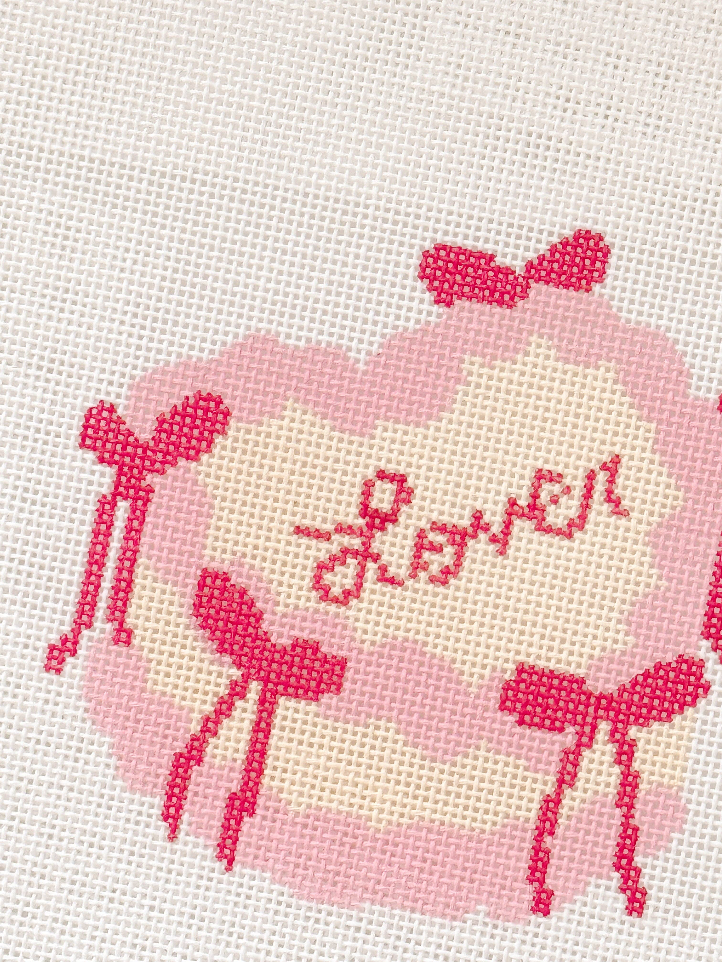 Cotswold Co Designs - Wholesale Embroidery/Cross Stitch Supplies - Coquette Bow Heart Cake Needlepoint Canvas | 4” 18 Mesh Coquette Needlepoint Design | Valentine’s Day Bow Cake2