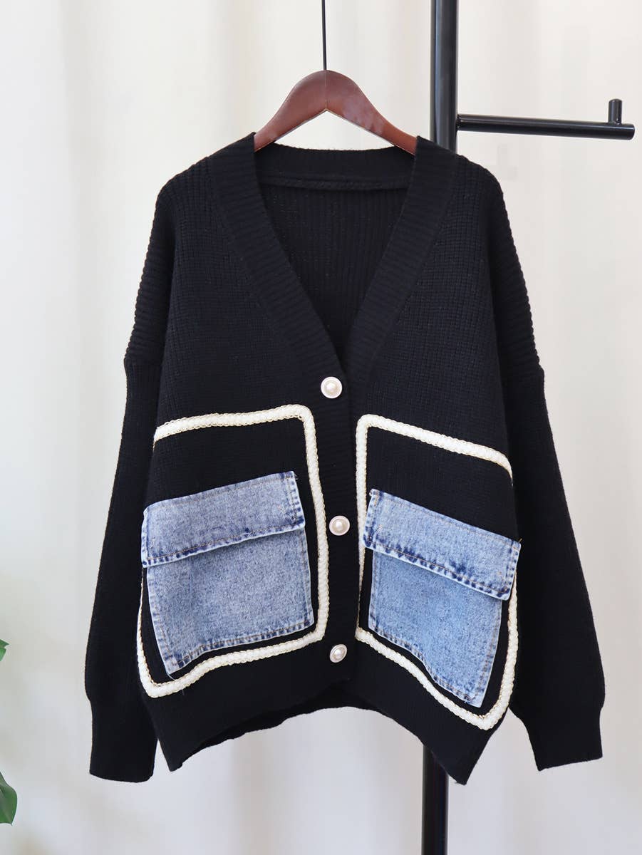 HIDDENBRAND - Wholesale Cardigan - Women's - Elegance Vintage Denim Pockets Sweater Cardigan2