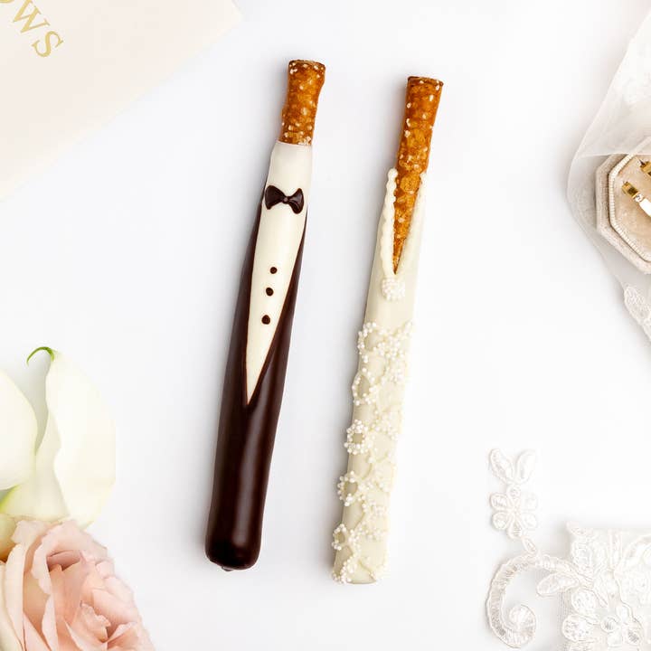 Bride and Groom Pretzel Rods for wholesale by Enjou Chocolat