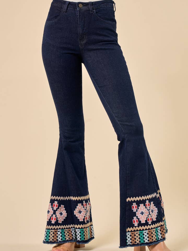 SIP6106K DARK DENIM BELLBOTTOMS WITH EMBROIDERY DETAIL for wholesale by Saints & Hearts
