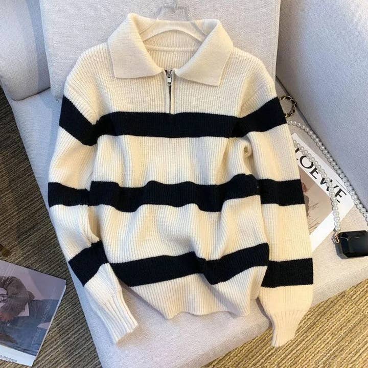 alberalkirk - Wholesale Knit Sweater - Women's - Half Zip Polo Neck Stripe Sweater Women N5A581