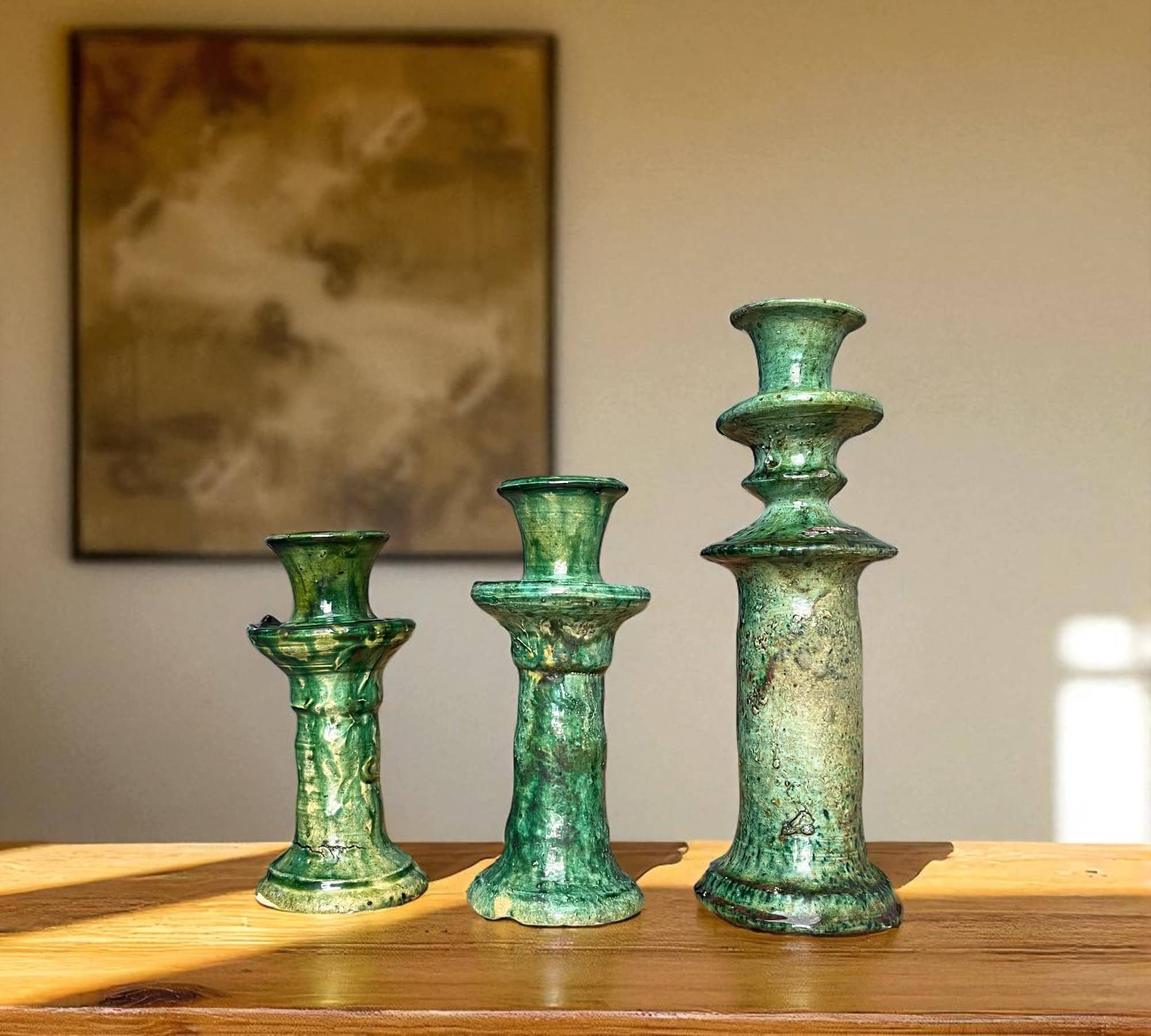 Moroccantastics - Wholesale Candle Holder - Handmade Tamegroute Candleholder Set – Tall Green Moroccan Pottery: Set of 3 Ceramic Glazed Pottery1