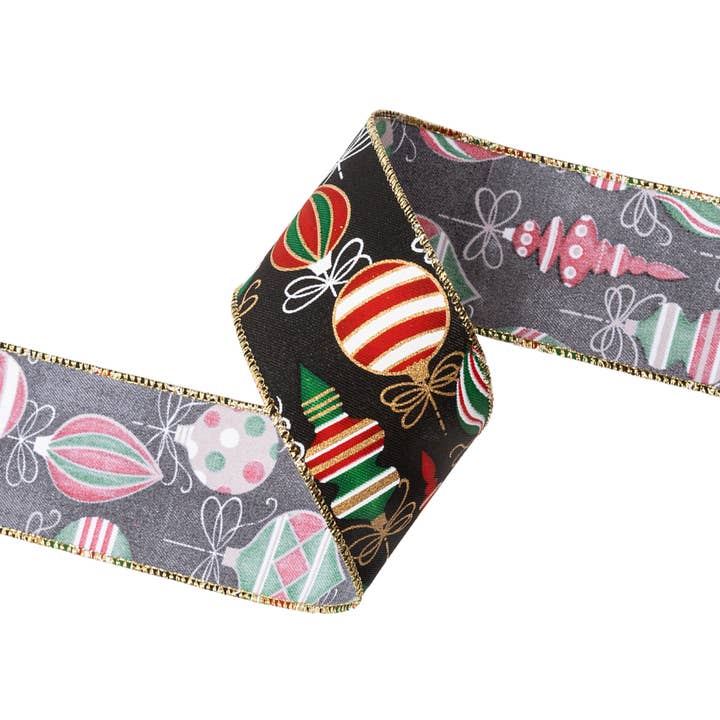 LA Ribbons Wholesale - Wholesale Ribbon - Gift Wrapping - 2 1/2" Wired Ribbon | "Holiday Ornament" Black/Multi | 10 Yard Roll
3