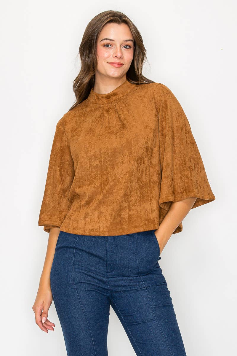 LoveWednesday - Wholesale Blouse - Women's - Bell sleeve camel suede top  - LWT1802 43