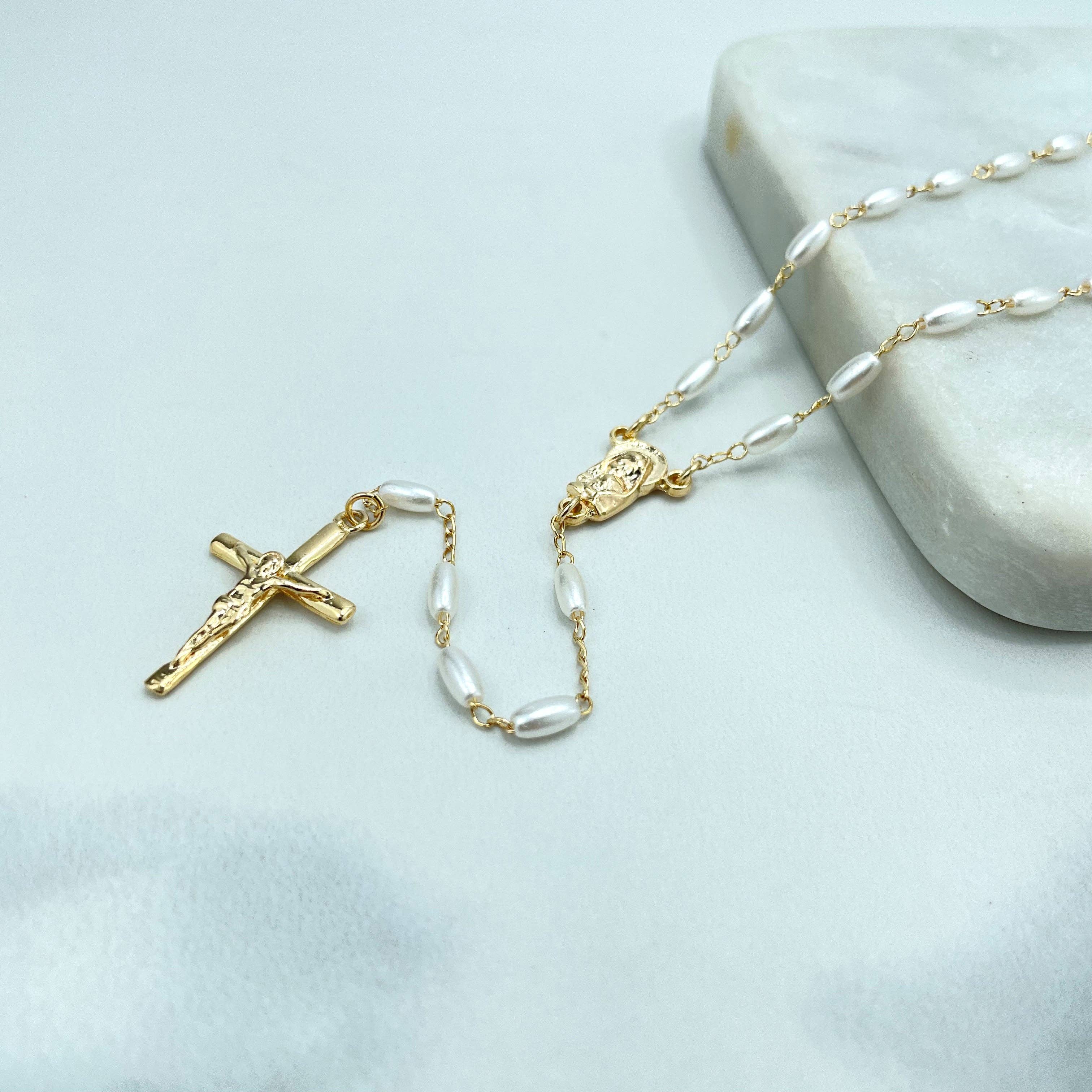 Luxus Accessories - Wholesale Prayer Beads Necklace - 18k Gold Filled Virgin Mary Face Hugging Child Jesus Christ Rosaries with Simulated Rice Pearls4