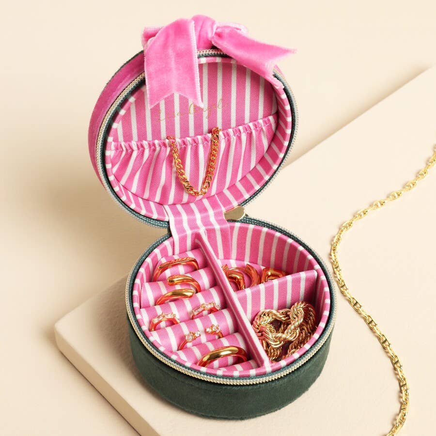 Lisa Angel - Wholesale Jewelry Box/Organizer - Green and Pink Velvet Bow Mini Round Jewellery Case1