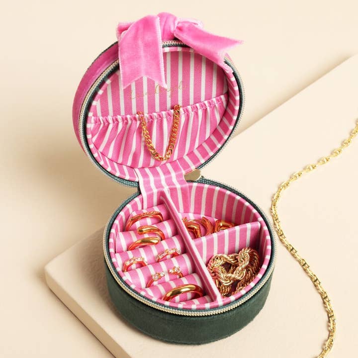 Lisa Angel - Wholesale Jewelry Box/Organizer - Green and Pink Velvet Bow Mini Round Jewellery Case1