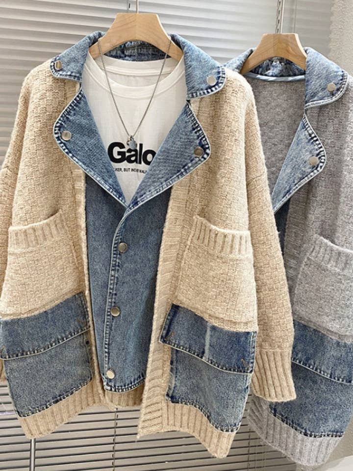 Cardigan a Maglia Oversize con Pannelli in Denim per la vendita all'ingrosso da parte di AZSHOP Trading LLC