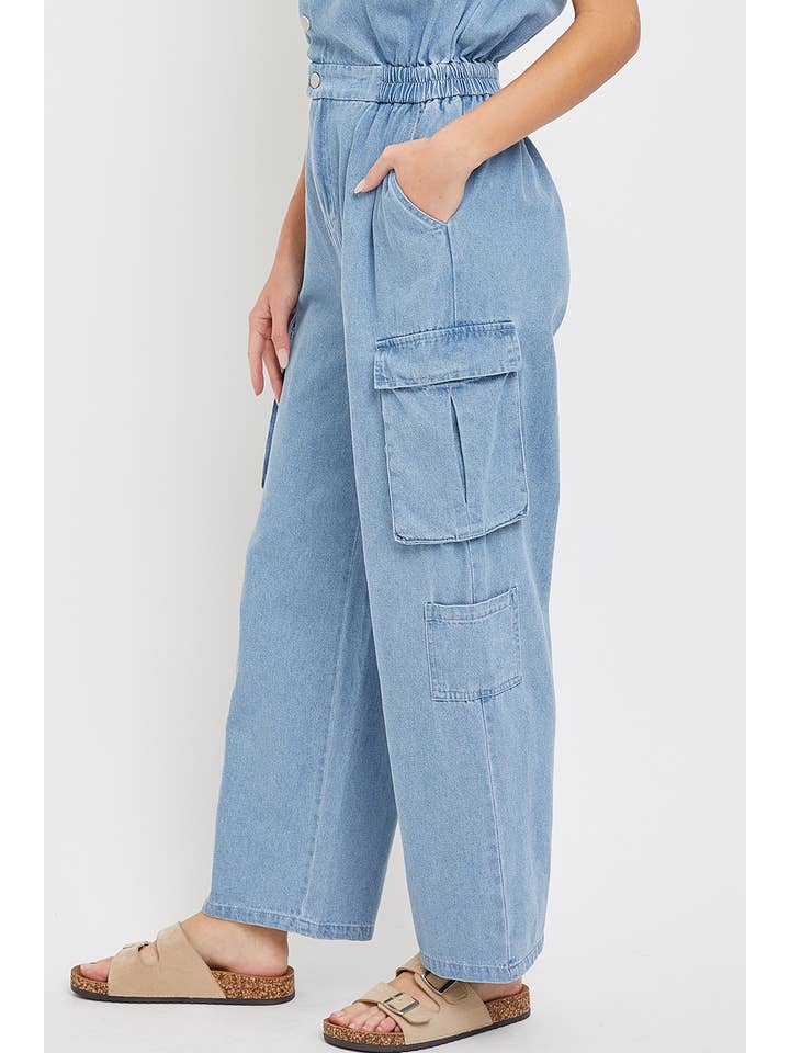 DENIM CARGO ONE-PIECE JUMPSUIT for wholesale on Faire