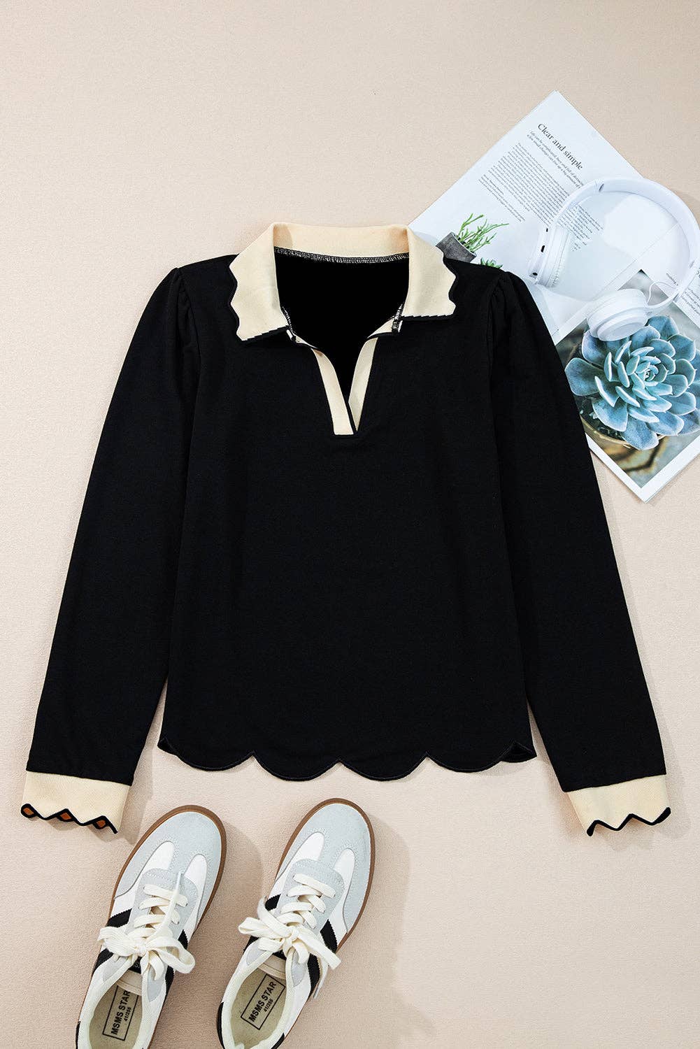 Black Colorblock Scallop Trim Long Sleeve Collared Top for wholesale on Faire