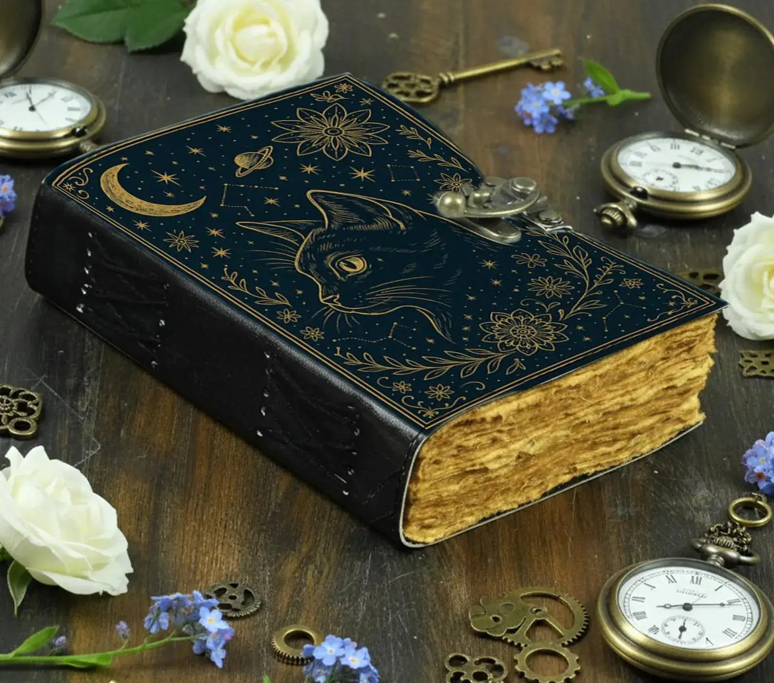 MNM HANDICRAFTS - Wholesale Journal/Diary - Celestial Cat Leather Journal  Handmade Witchy Grimoire Book1