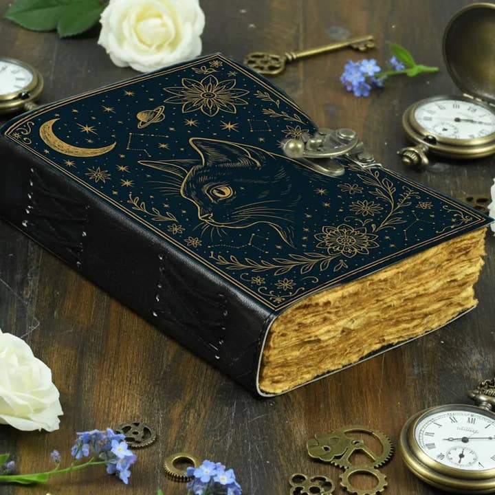MNM HANDICRAFTS - Wholesale Journal/Diary - Celestial Cat Leather Journal Handmade Witchy Grimoire Book1