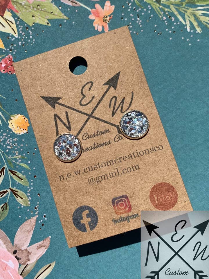 Silver Glitter with Silver Lattice Accent Stud Earrings with Push Back Closure for wholesale by N.E.W. Custom Creations Co LLC