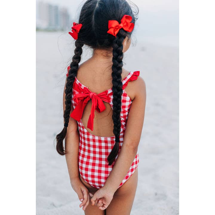 Sugar Bee Clothing - Wholesale One Piece Swimsuit - Kids - Girls Swimsuit - Bow Back - Red Gingham