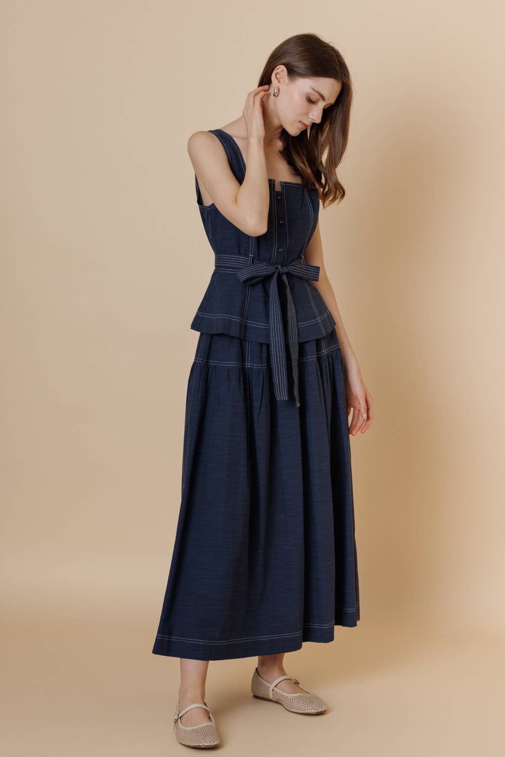 A & SHE - Wholesale T-Shirt - Women's - Square Neck Button Down Contrast Stitch Belted Top16