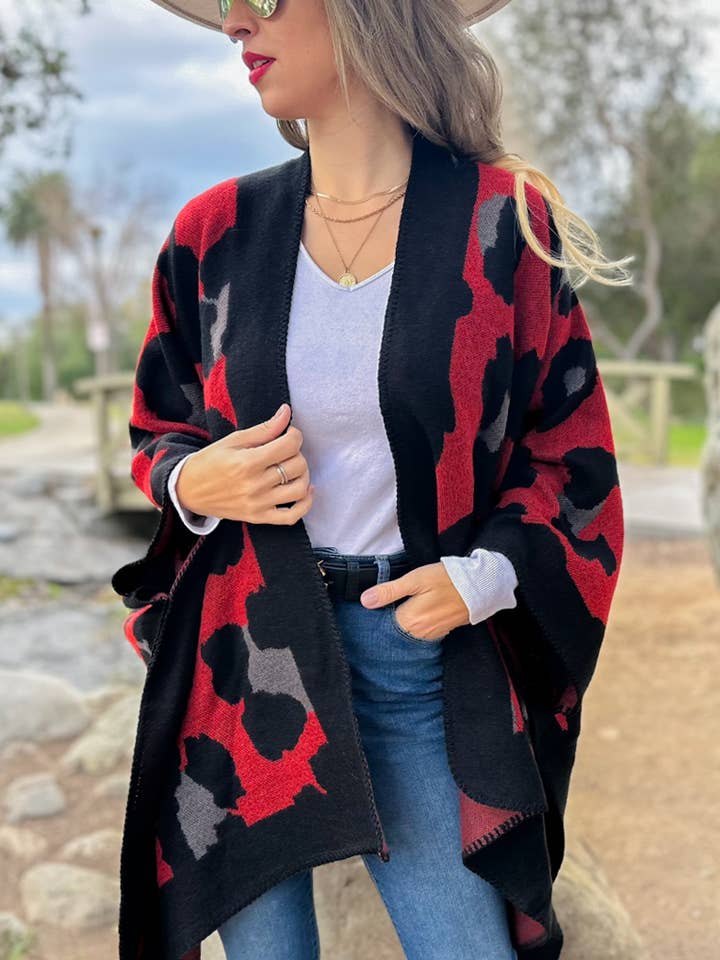 Red Leopard Printed Knitted Cozy Kimono Cardigan for wholesale on Faire