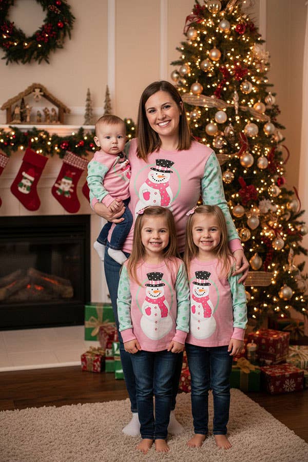 luluclothes - Wholesale Screen Printed T-Shirt - Kids - Christmas snowman printed pink girls t-shirt XCH010170