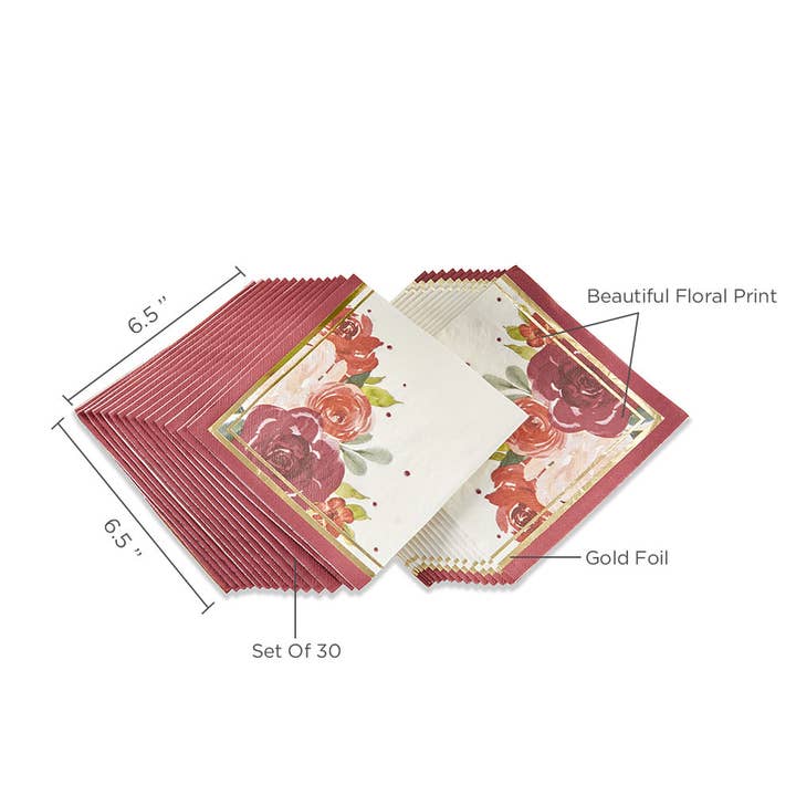 Kate Aspen - Wholesale Disposable Napkin - Burgundy Blush Floral 2 Ply Paper Napkins (Set of 30)