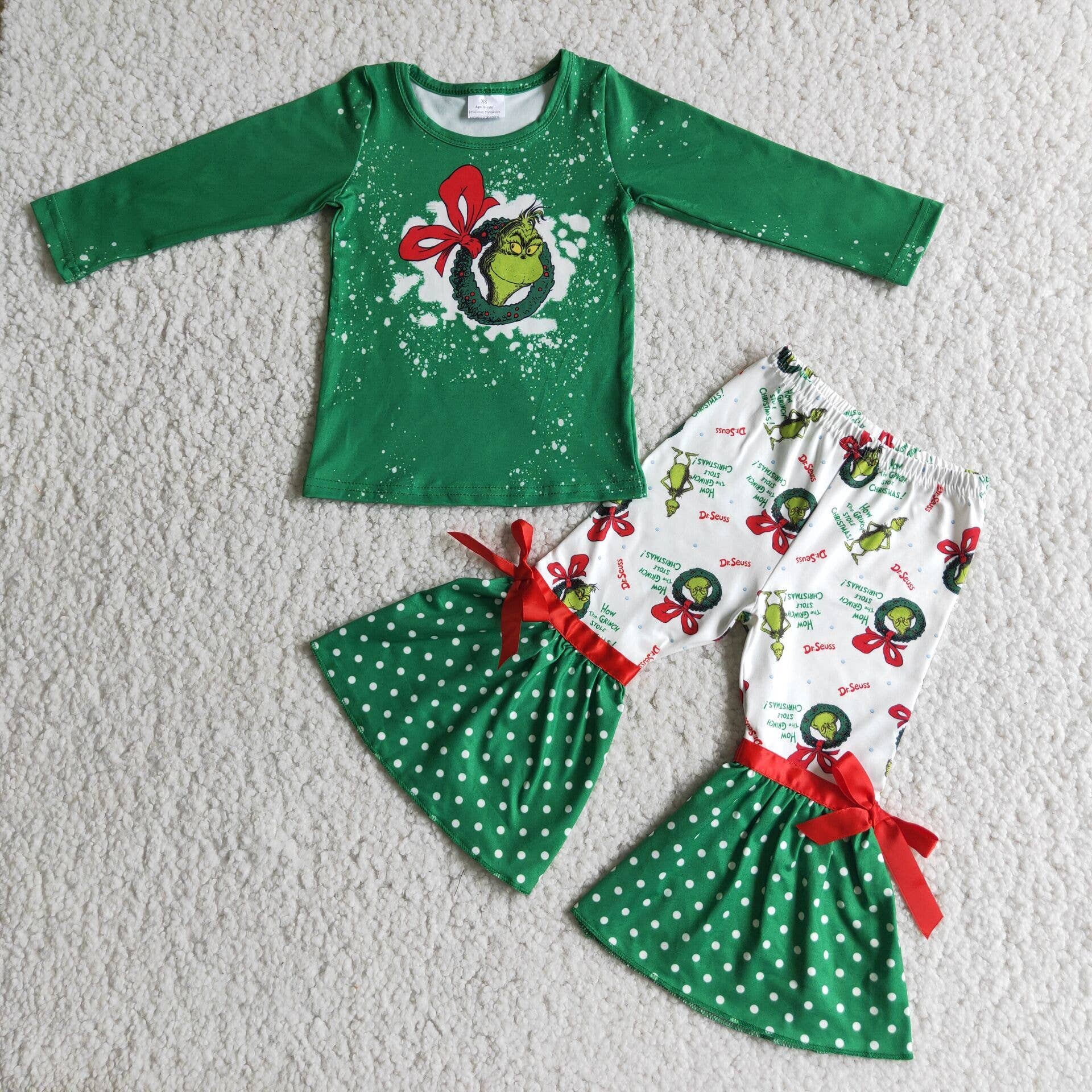 Yawoo Garments - Wholesale Top & Pant Set - Kids - Green screen print top match bell bottom pants Christmas outfits0