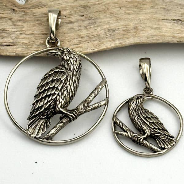 White Bronze Raven Pendant, 2 sizes and Earrings. for wholesale by Goddess Design Studio