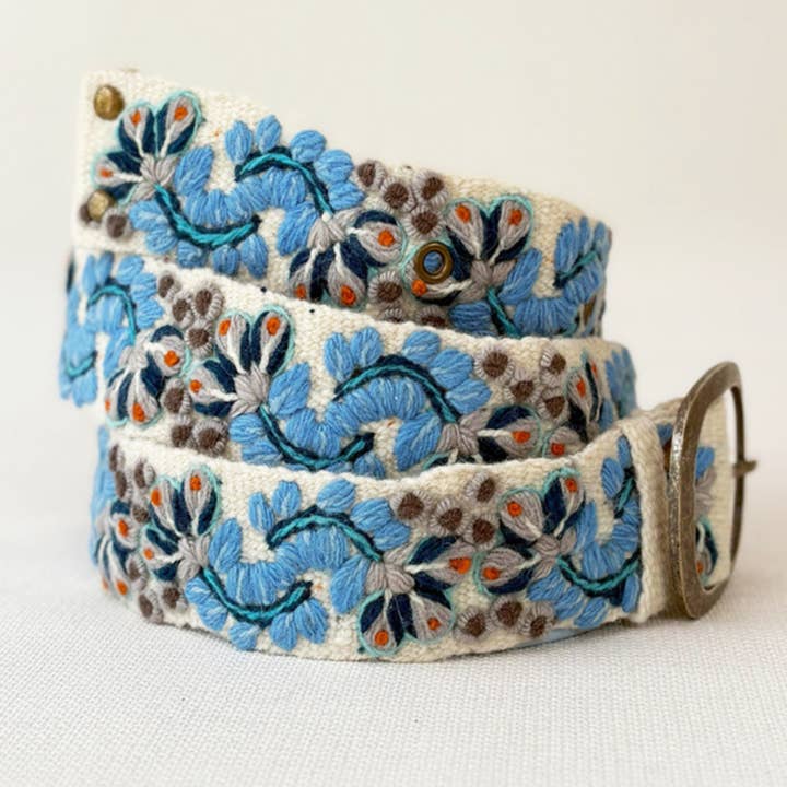Blue Serenade Embroidered Wool Belt for wholesale by Jenny Krauss