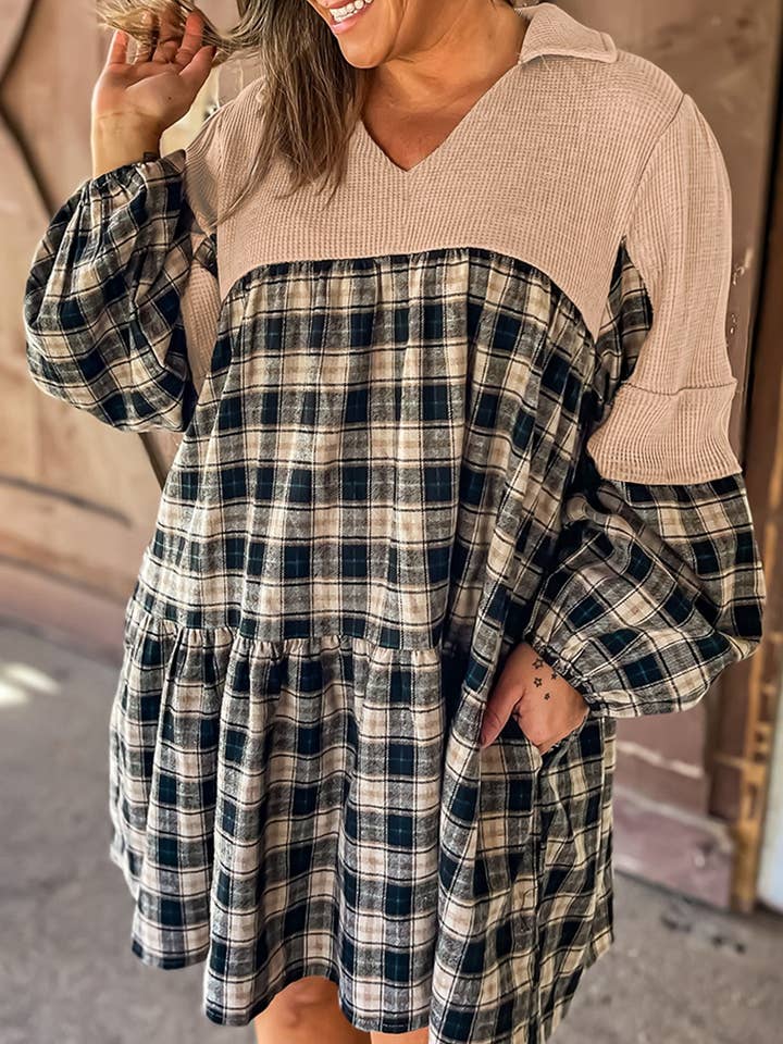 Plaid Waffle Knit Patchwork Collared V Neck Plus Size Mini D for wholesale by Umorger