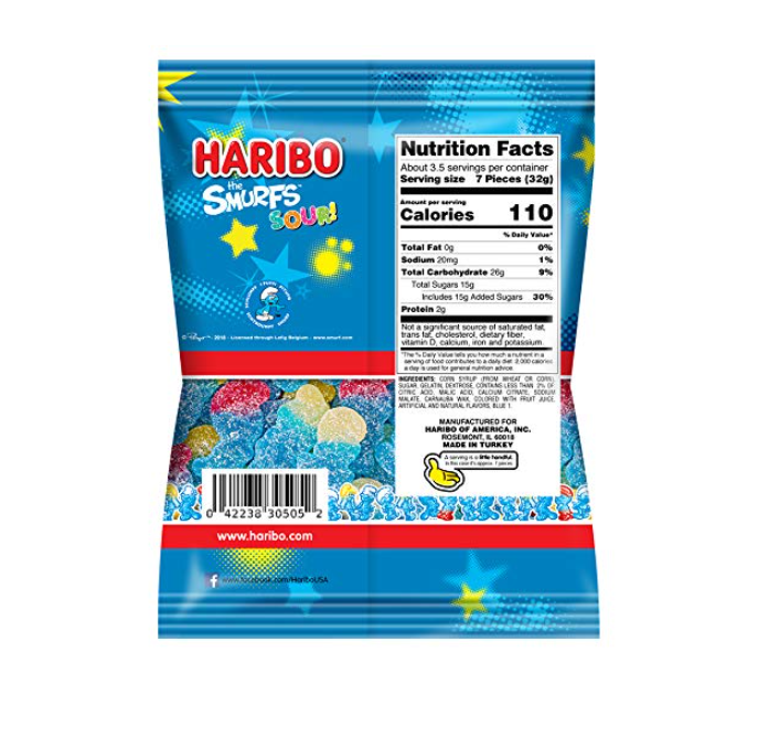 Snacky Candy - Venta al por mayor Gominolas - Haribo Tamaño para Compartir Pitufos Ácidos 4 oz 12 paquetes1
