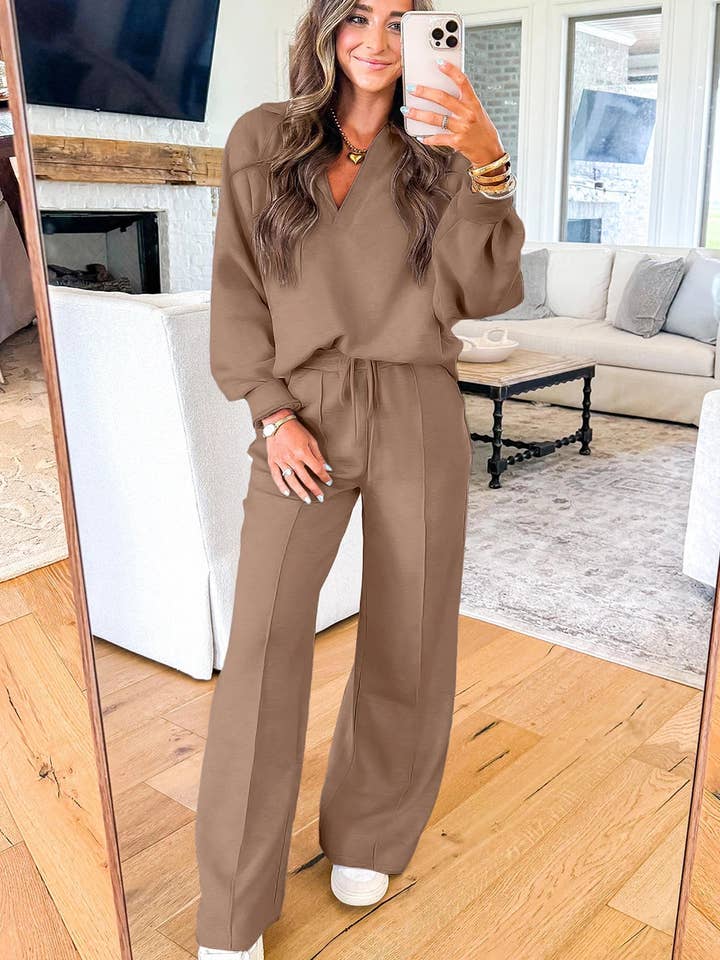 Lovesoft - Wholesale Lounge Set - Women's - Light Grey Polo Collar V Neck Pullover and Drawstring Sweatpants Set6