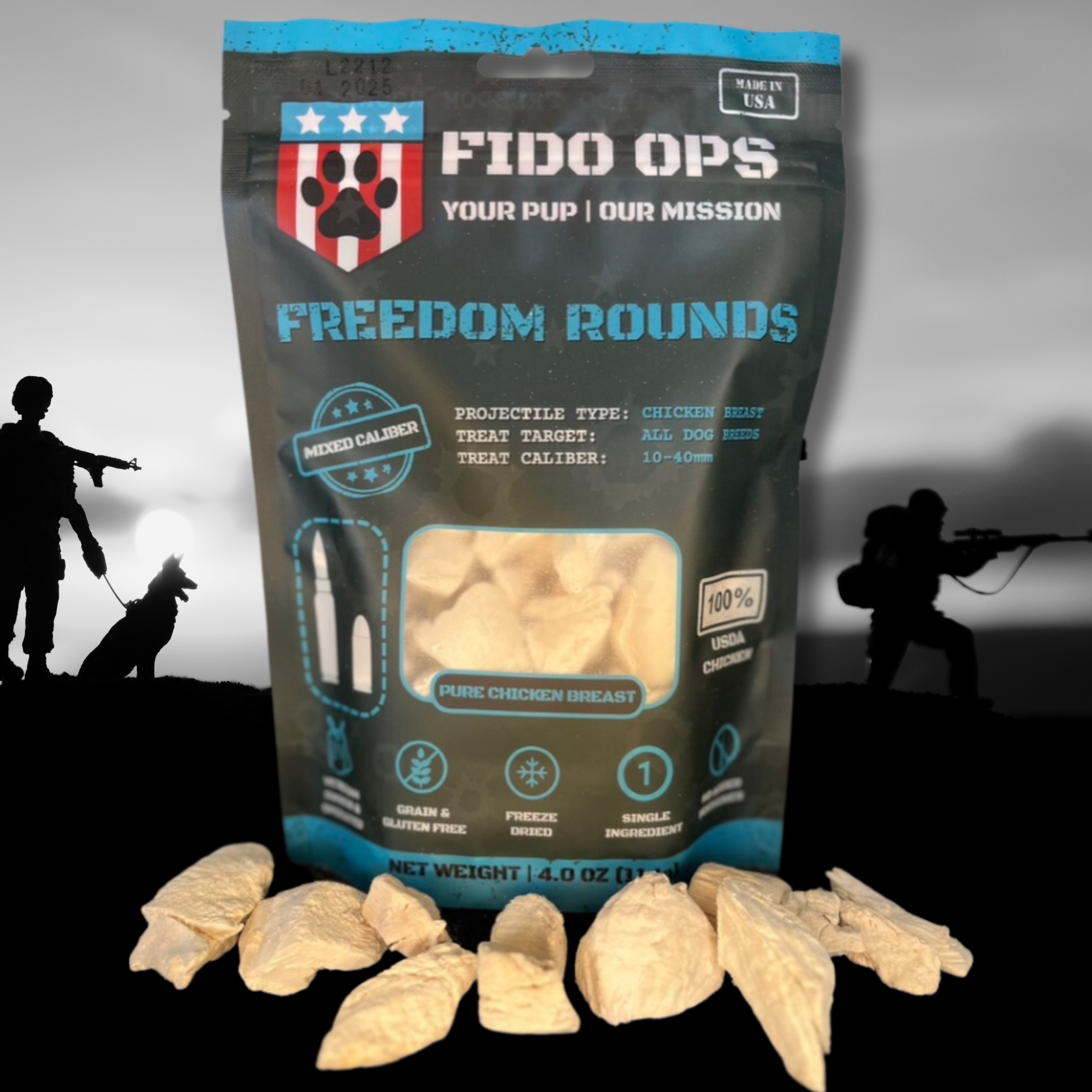 Fido Ops - Wholesale Pet Treats - Dog - Mixed Caliber Freeze-dried Chicken - Freedom Rounds3
