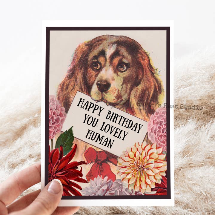 Birthday Card. Dog With Flowers. Vintage Style. Lovely Human for wholesale by Cheerful Whimsies