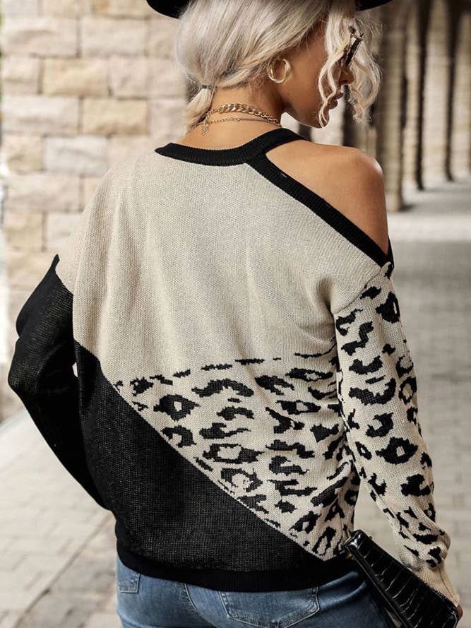 Khaki Cut Shoulder Leopard Splicing Knit Sweaters BFZY110 for wholesale on Faire