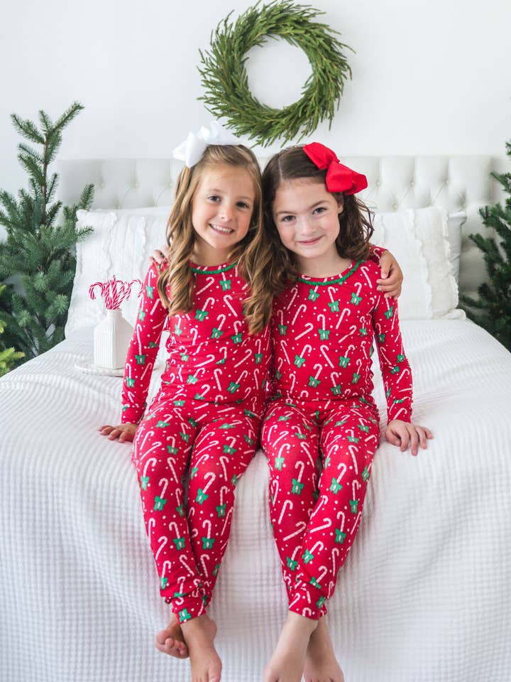 Red SoftSnooze™ Toddler Girls Bamboo Viscose Candy Cane Cutie Ruffle Long Sleeve Pajama Set with Signature Rear Ruffles
 for wholesale on Faire1